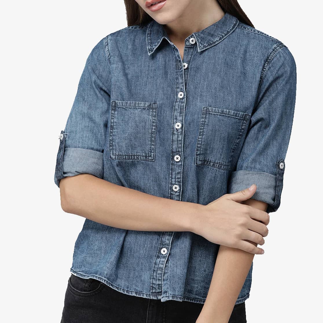 ladiesjeansshirt (11) Women Blue Regular Fit Faded Casual Shirt - Image 1