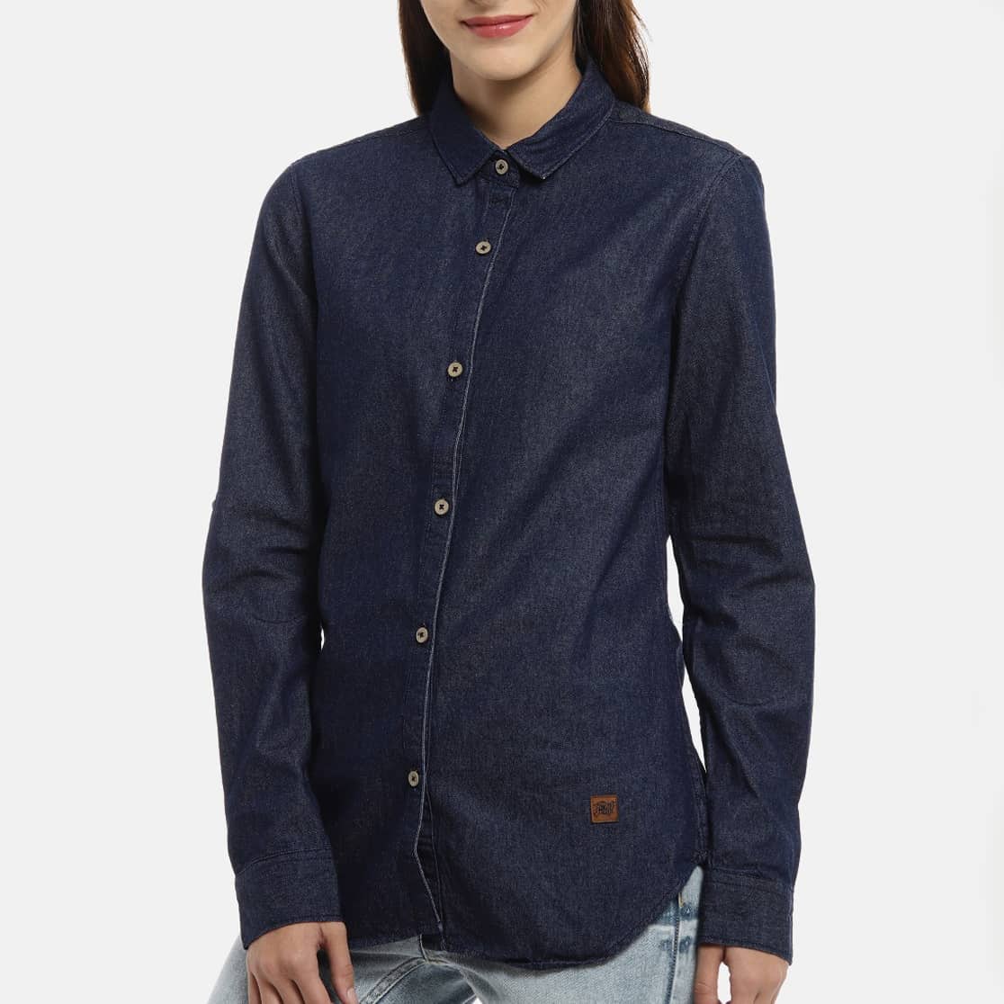 ladiesjeansshirt (7) Solid Casual Denim Shirt - Image 1