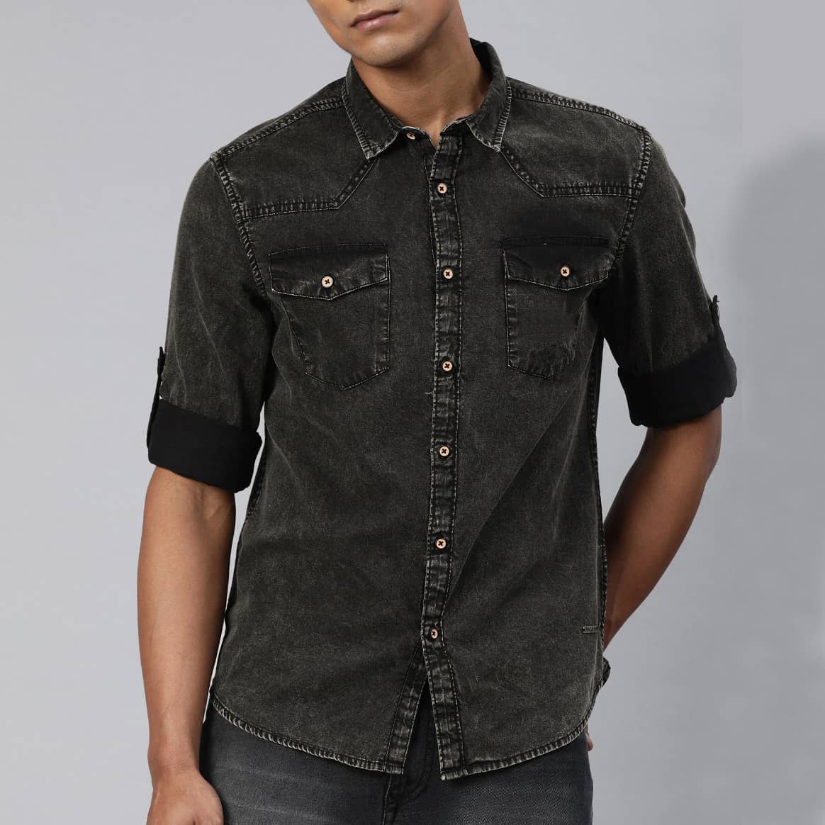 mendshirts (19) Charcoal Slim Fit Faded Casual Denim Shirt - Image 1